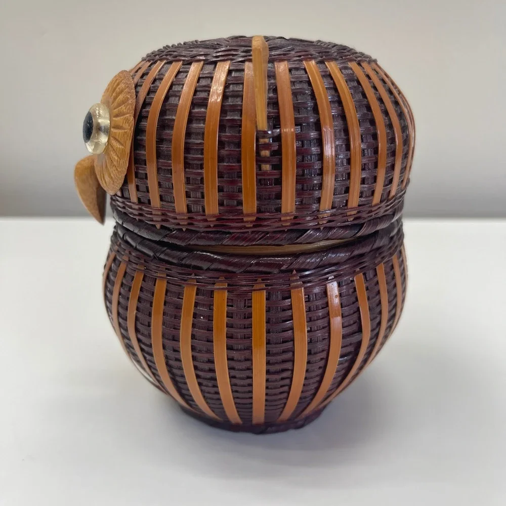 Owl Trinket Basket Small Brown Woven Bamboo Folk Art Functional Decor Vintage